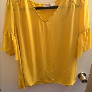 LOFT Yellow Satin V-Neck Flutter Sleeve Blouse